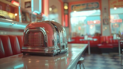Retro toaster on diner counter, red booths, neon lights.