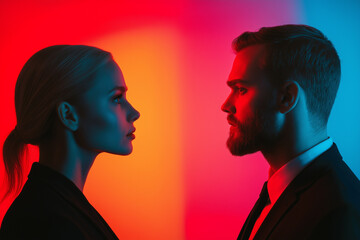 Gaslight manipulation toxic narcissism and abuse psychology concept. Two individuals face each other in a dramatic contrast of blue and red lighting, creating a striking and modern visual composition.