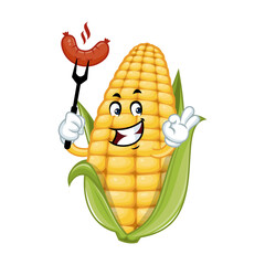 Happy Corn Cob Cartoon Character Grilling Sausage.