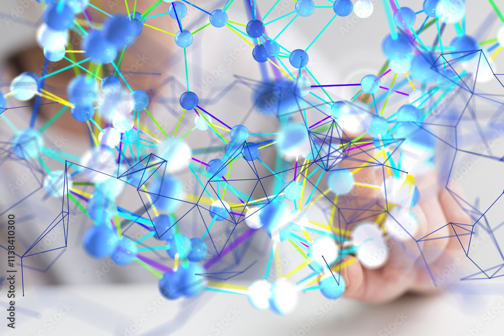Poster Neural network 3D illustration. Big data and cybersecurity - neural network exposure digital