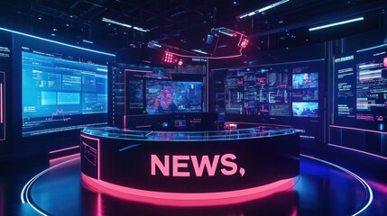 Futuristic news studio with glowing screens displaying data and news.