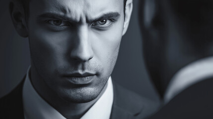 Obraz premium Gaslight manipulation toxic narcissism and abuse psychology concept. Intense portrait of a man in a suit, displaying determination and strength, with a focus on his piercing gaze.