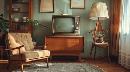 Obraz premium Vintage living room with retro TV, armchair, and wooden furniture.