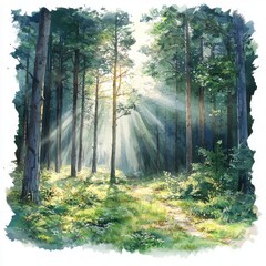 Fototapeta premium Watercolor Forest with Sun Rays