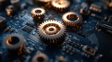 Fototapeta premium The image features a close-up view of a digital circuit board with several metallic gears prominently displayed. The gears are rendered in a shiny gold color, reflecting light
