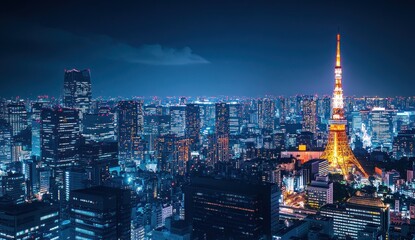 Fototapeta premium Tokyo cityscape at night with illuminated tower.