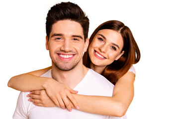 Close-up portrait of his he her she two nice lovely charming attractive cheerful positive people...