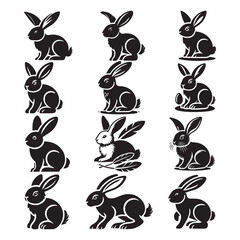 Isolated rabbit shadow on white background, set of different rabbit silhouettes for design use.