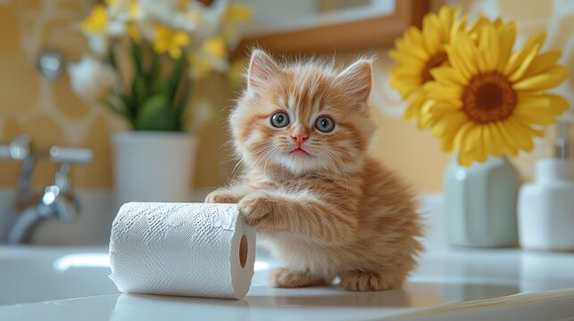 A playful kitten enthusiastically paws at a roll of toilet paper in a bright, inviting bathroom adorned with cheerful flowers and warm tones, showcasing its delightful antics