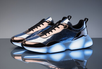 Futuristic sneakers with reflective surface and glowing soles