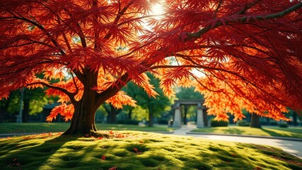 A solitary maple tree stands proudly with its fiery red leaves against a backdrop of vibrant green grass and a sunlit sky.