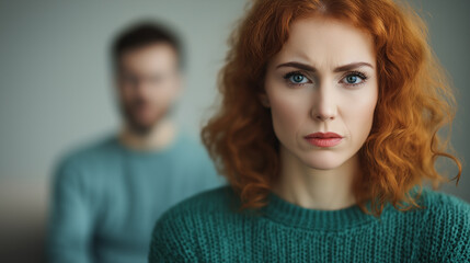 Gaslight manipulation toxic narcissism and abuse psychology concept. A concerned woman with red curly hair is seated in the foreground, while a blurred man is positioned behind her, suggesting tension