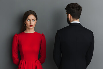 Gaslight manipulation toxic narcissism and abuse psychology concept. A woman in a red dress stands solemnly, facing away from a man in a suit, creating a tense and emotional atmosphere.