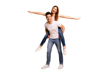 Full length body size view portrait of his he her she two nice attractive cheerful optimistic careless carefree people wife husband having fun isolated over vivid shine bright yellow background