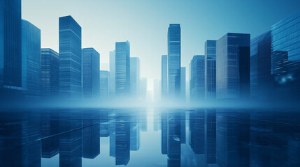 Obraz premium Blue Gradient Glass Skyscraper Cityscape with Floor Reflections, Futuristic Corporate Concept Art with High Resolution and Motion Blur.