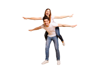 Full length body size view portrait of his he her she two nice attractive cheerful cheery optimistic people having fun trip fly isolated over vivid shine bright yellow background