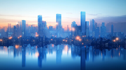 Obraz premium Blue Gradient Glass Skyscraper Cityscape with Floor Reflections, Futuristic Corporate Concept Art with High Resolution and Motion Blur.