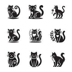 Naklejka premium Set of black cat silhouettes. Stencil for Halloween, card, poster or other design. Black cat.