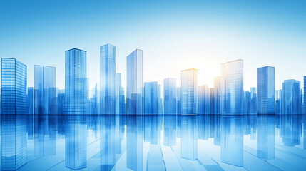 Obraz premium Blue Gradient Glass Skyscraper Cityscape with Floor Reflections, Futuristic Corporate Concept Art with High Resolution and Motion Blur.