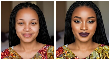 Transformation of african female from natural to glamorous makeup look for beauty and fashion inspiration