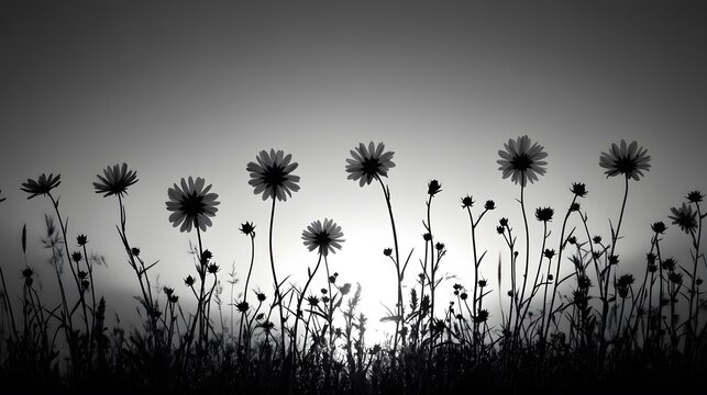 1. A field of wildflowers in silhouette against a black and white sunset