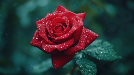 A single red rose covered in dew drops
