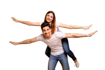 Portrait of his he her she two nice attractive cheerful cheery funny optimistic people having fun trip fly vacation holiday travel isolated over vivid shine bright yellow background