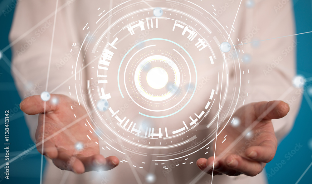 Poster Neural network 3D illustration. Big data and cybersecurity