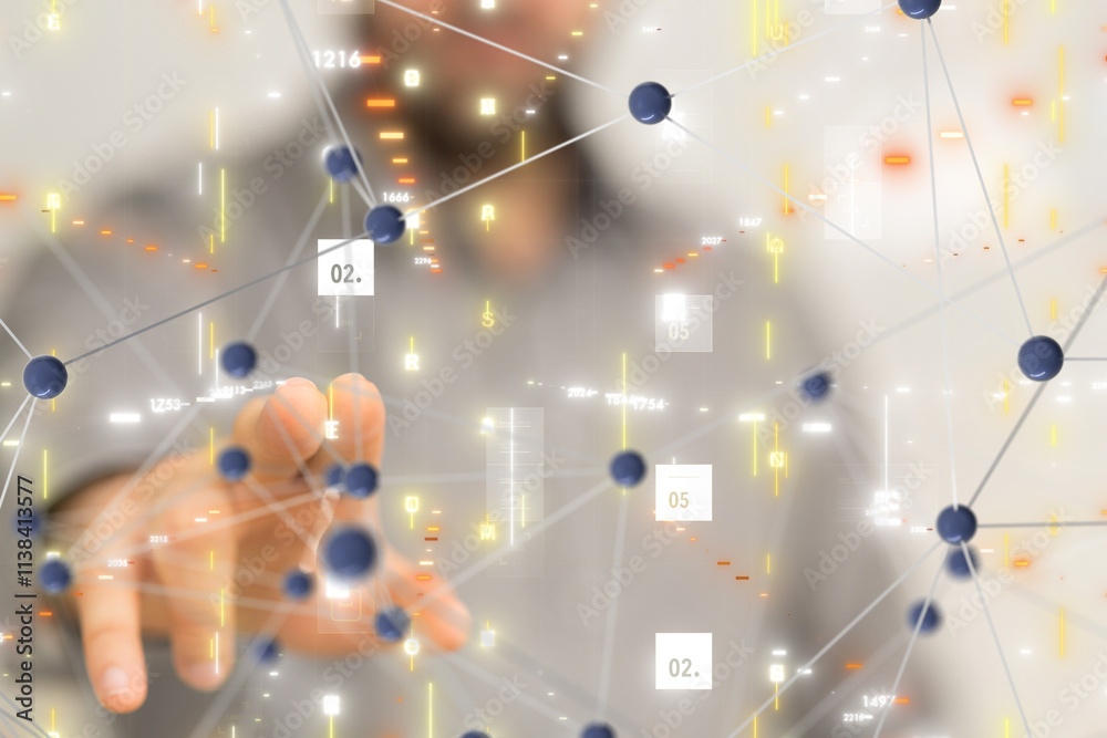 Poster Neural network 3D illustration. Big data and cybersecurity