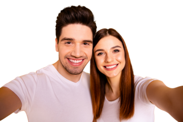 Self-portrait of his he her she two nice attractive lovely trendy stylish cheerful cheery people husband wife holiday isolated over vivid shine bright yellow background