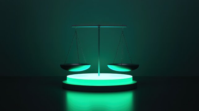 Glowing Balance Scale on Black Surface with Radiant Illumination and Minimalistic Design