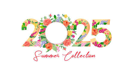 2025 Summer Collection special offer with flowers and leaves. Vector concept fashion logo 2025 with rose flowers for discount banner or sale poster design