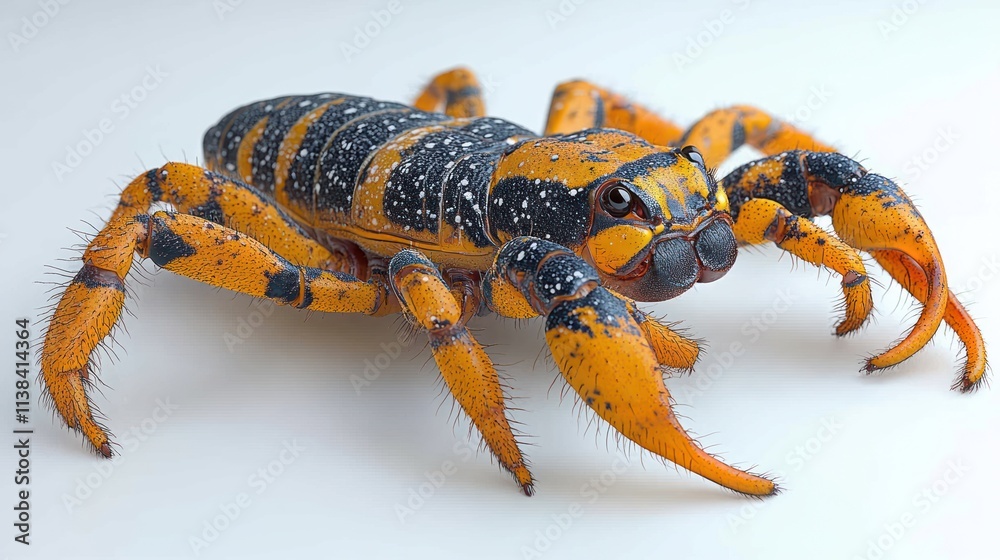 Poster a vibrant orange and black spider-like creature with distinct features.