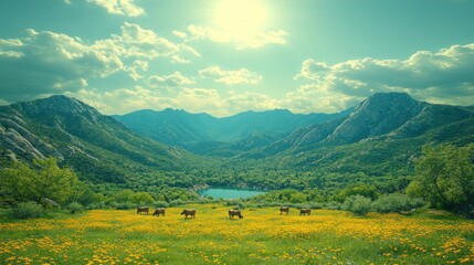 Naklejka premium Cows graze in a mountain meadow.