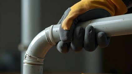 A gloved hand firmly grips a weathered grey pipe, hinting at repairs or maintenance.  The close-up emphasizes texture and detail, evoking a sense of skilled labor.