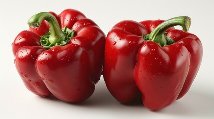 Two fresh red bell peppers with water droplets on a white background.