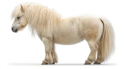 Cream-colored Shetland pony, side view, against white background.