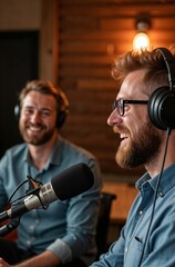 Podcast Joy: Two cheerful podcast hosts, wearing headphones and sharing a laugh while recording their show. The dynamic duo's infectious energy and genuine connection radiates through the image.  
