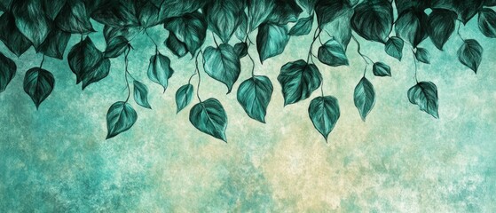 topical leaves hanging from the top large leaves art drawing on a texture background
