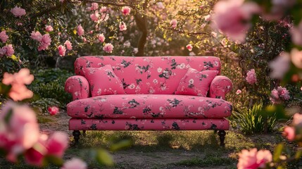 Pink Floral Sofa In A Blooming Garden Setting