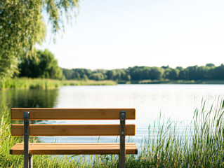 A wooden bench sits by a lake, with the water reflecting the sky above