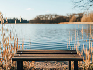 A wooden bench sits on the shore of a lake