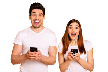 Portrait of his he her she two nice attractive charming lovely stylish cheerful positive people...