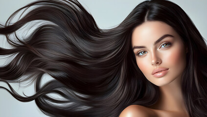 Obraz premium Insanely detailed photo of a beautiful woman with long black hair, she is posing for the camera on a light background. Generative AI.