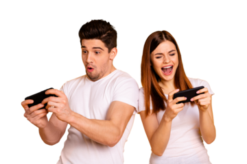 Portrait of his he her she two nice attractive stylish trendy cheerful cheery childish positive people playing app 5g battle contest isolated over vivid shine bright yellow background