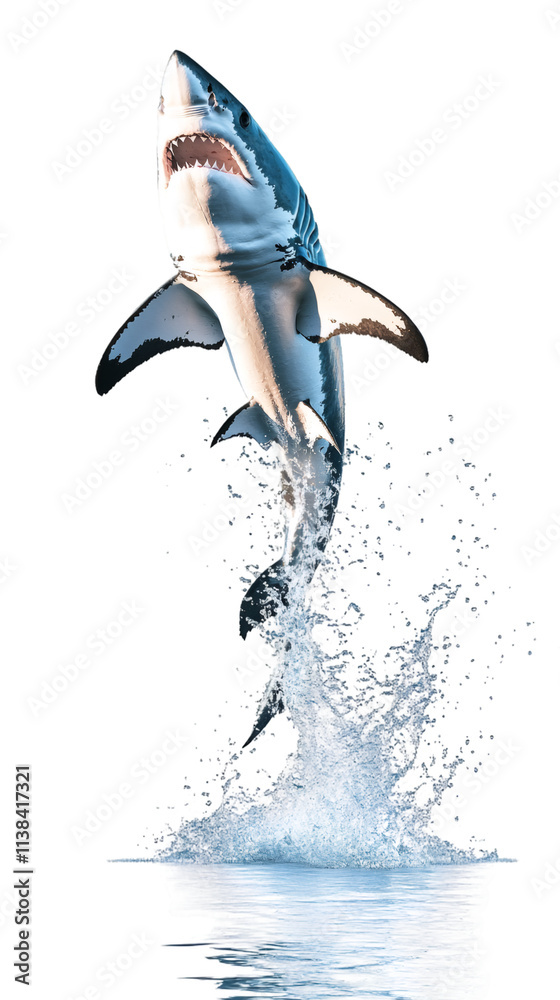 Aufkleber Great white shark breaching the surface with open jaws, creating a splash against a transparent background