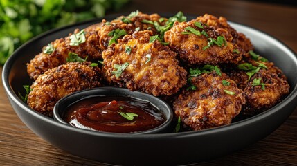 Crispy chicken bites in a bowl with dipping sauce.