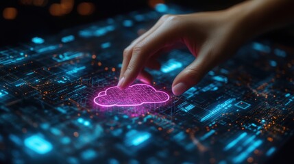 A hand reaches out to touch a glowing pink cloud icon on a digital circuit board, representing data storage, cloud computing, and the future of technology.