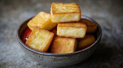 Crispy fried cheese cubes in a bowl with tomato sauce.