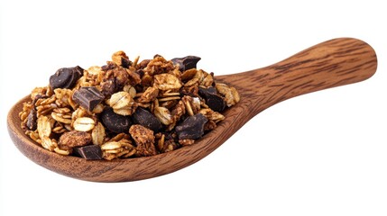 Obraz premium Crunchy granola, muesli pile with chocolate in wooden spoon isolated on white background, side view.